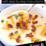 Simple Potato Soup made with 4 ingredients in bowl with graphic overlay.