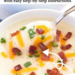 Stovetop or slow cooker potato soup with graphic overlay.