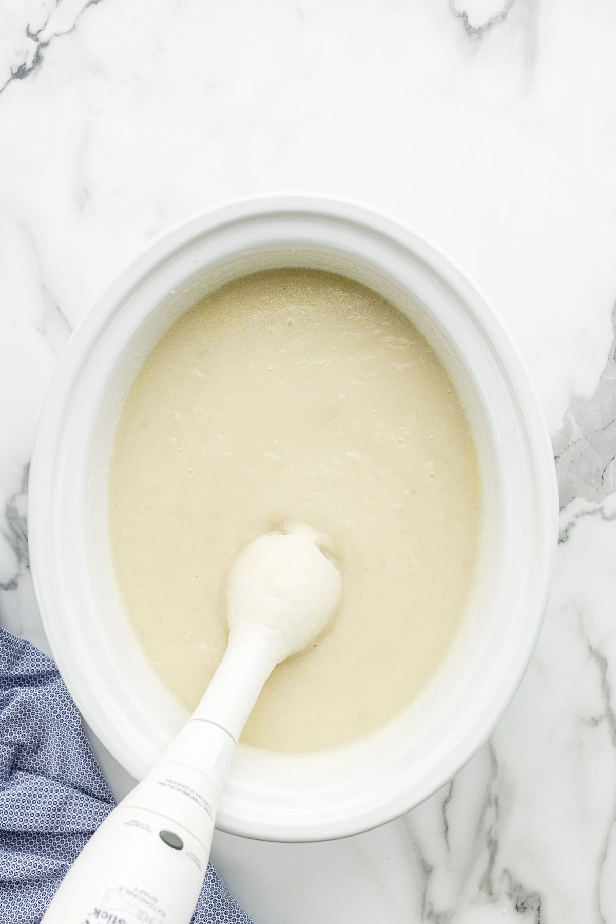 Potato soup after blending with immersion blender.