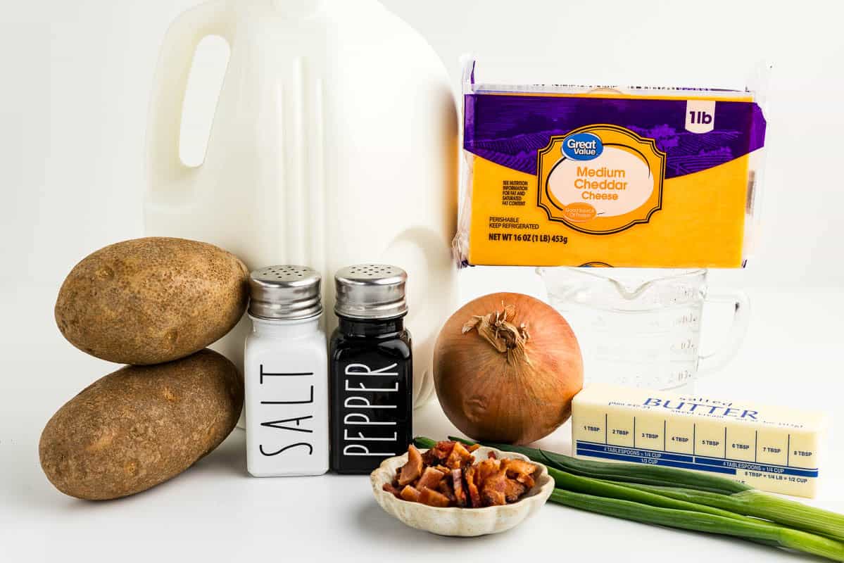 Ingredients for easy Potato Soup on on kitchen counter.