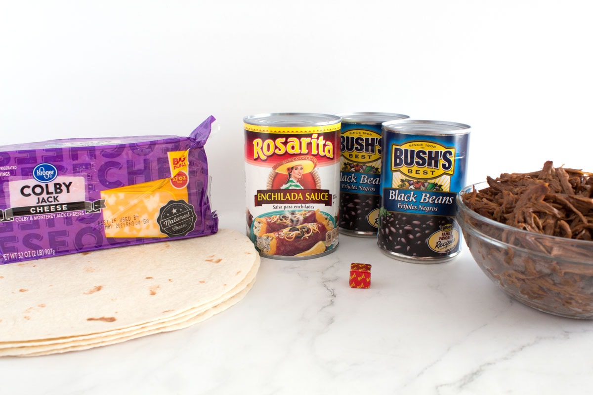 Ingredients for easy weeknight dinner of smothered burritos.