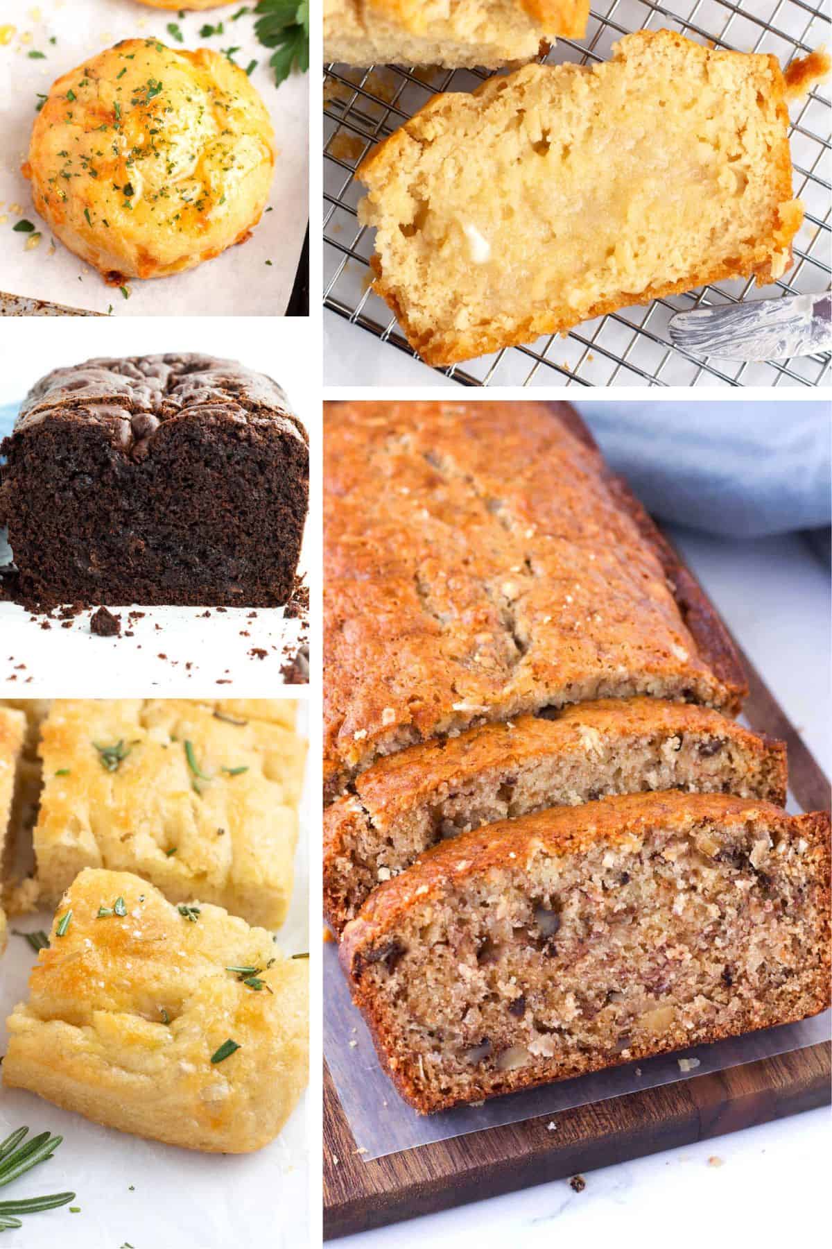 Focaccia, banana bread, chocolate bread, hot honey biscuits, and beer bread in a collage.