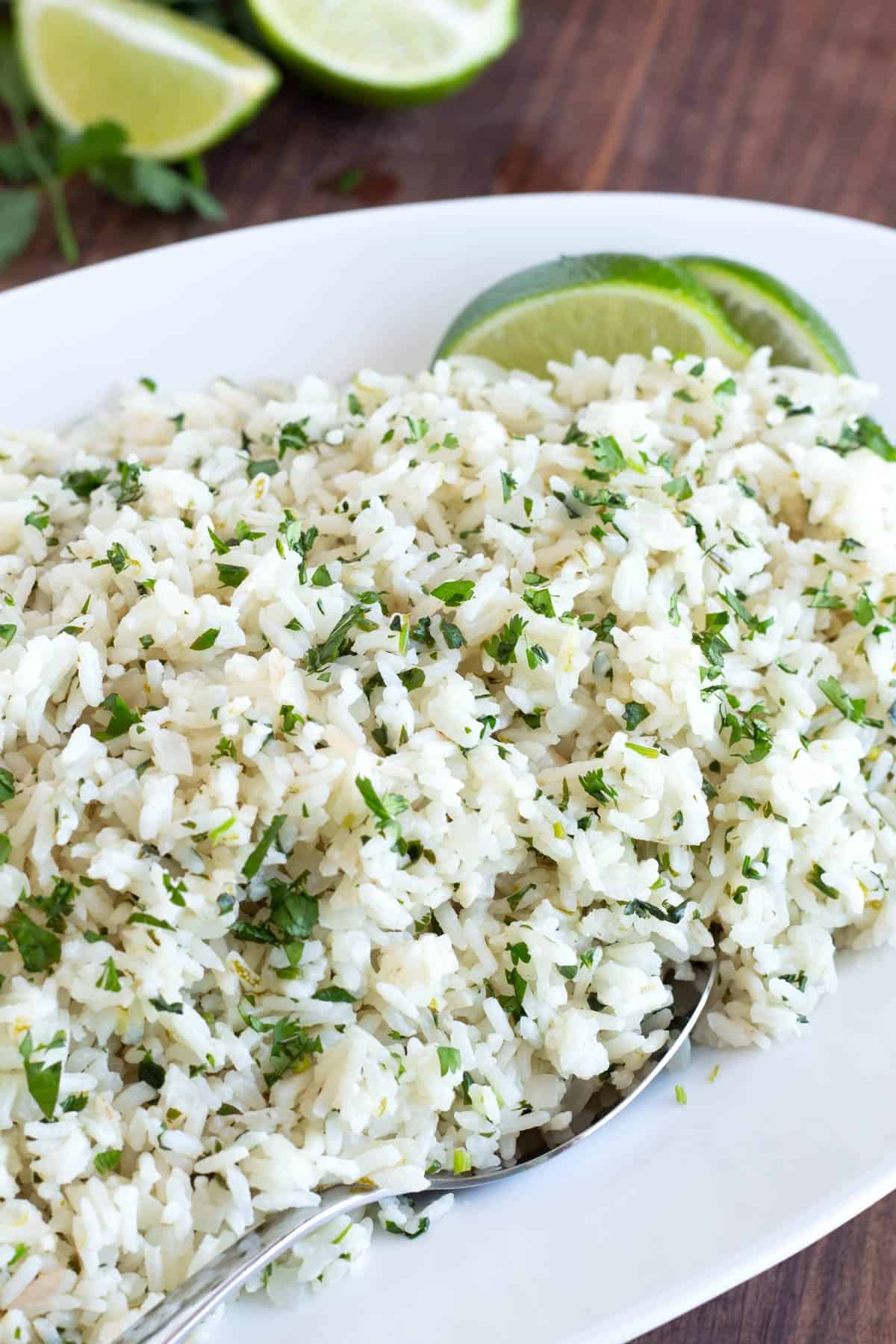 Long oval platter of cilantro lime rice.