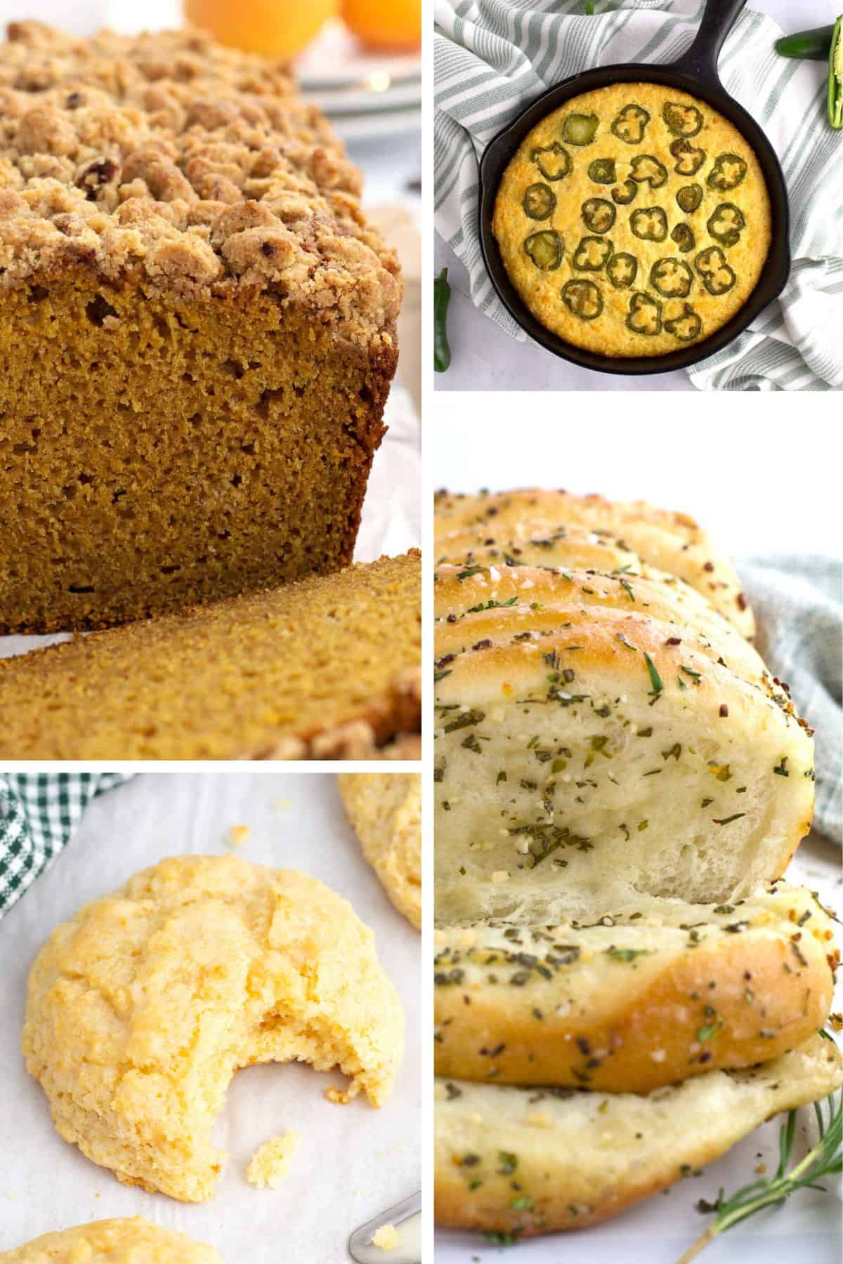Cornmeal biscuits, pumpkin bread, jalapeno cornbread, and easy-to-make bread in a collage.
