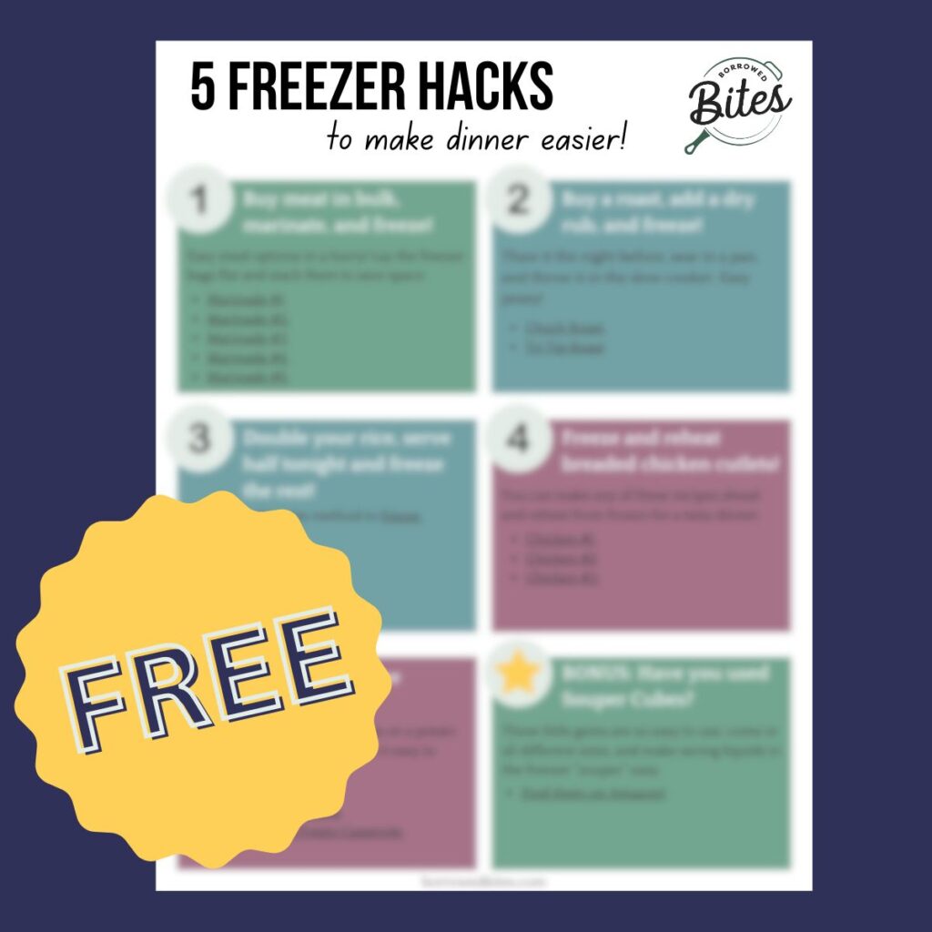 Image of a freezer hack printable with a dark blue icon on the left side that says "Free."
