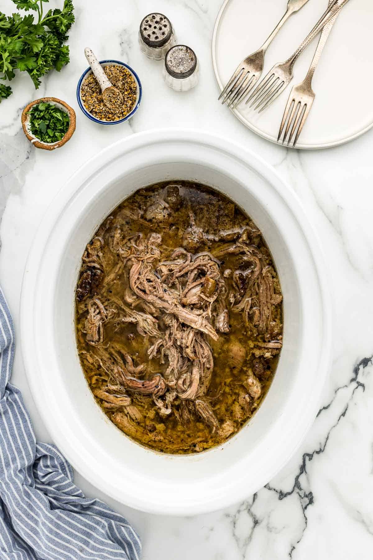 Overhead Crock Pot with slow cooked tri-tip pot roast.