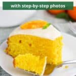 Slice of clementine cake on a white plate with a green towel underneath and text overlay on the top of the photo.
