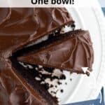 Overhead view of sliced chocolate cake on a white platter with text overlay on the top and bottom of the photo.