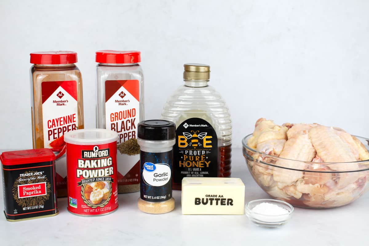 Ingredients for hot honey chicken wings on countertop.
