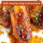 Chicken wings in sweet chili sauce in a pile on a plate with words over the top.