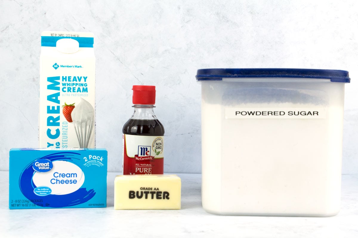 Ingredients for light and fluffy cream cheese frosting.