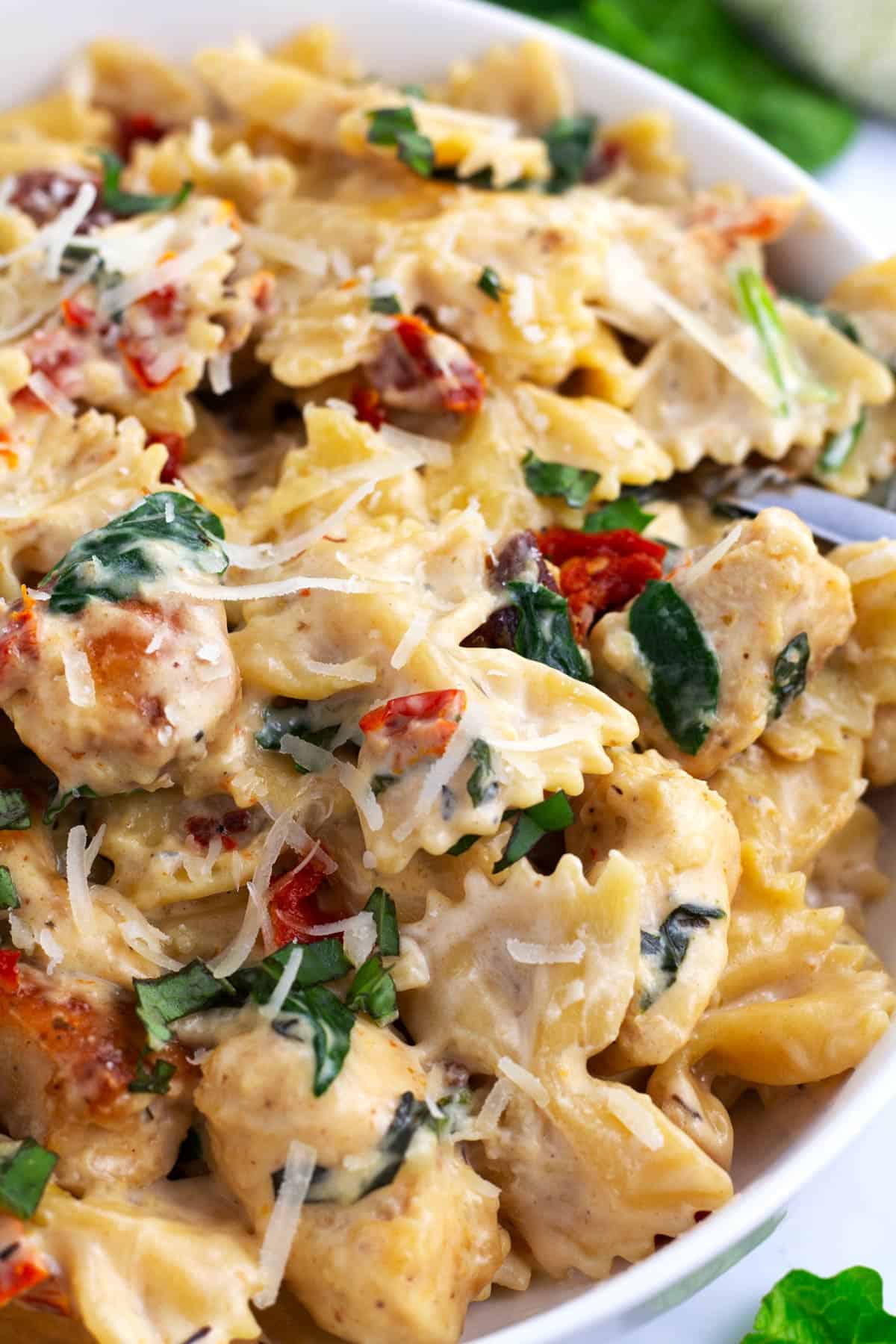 Upclose creamy sauce on farfalle pasta noodles with chicken, sun-dried tomatoes, basil, and cheese.