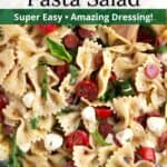 Graphic overlay on image of spicy and sweet pasta salad components.