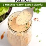 Spoonful of sweet and spicy ranch dressing with chives on top with graphic overlay.