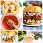 Collection of hot honey recipes including jar of hot honey, hot honey butter, shredded chicken slider, hot honey ranch, and crispy spicy honey chicken sandwich in a collage.