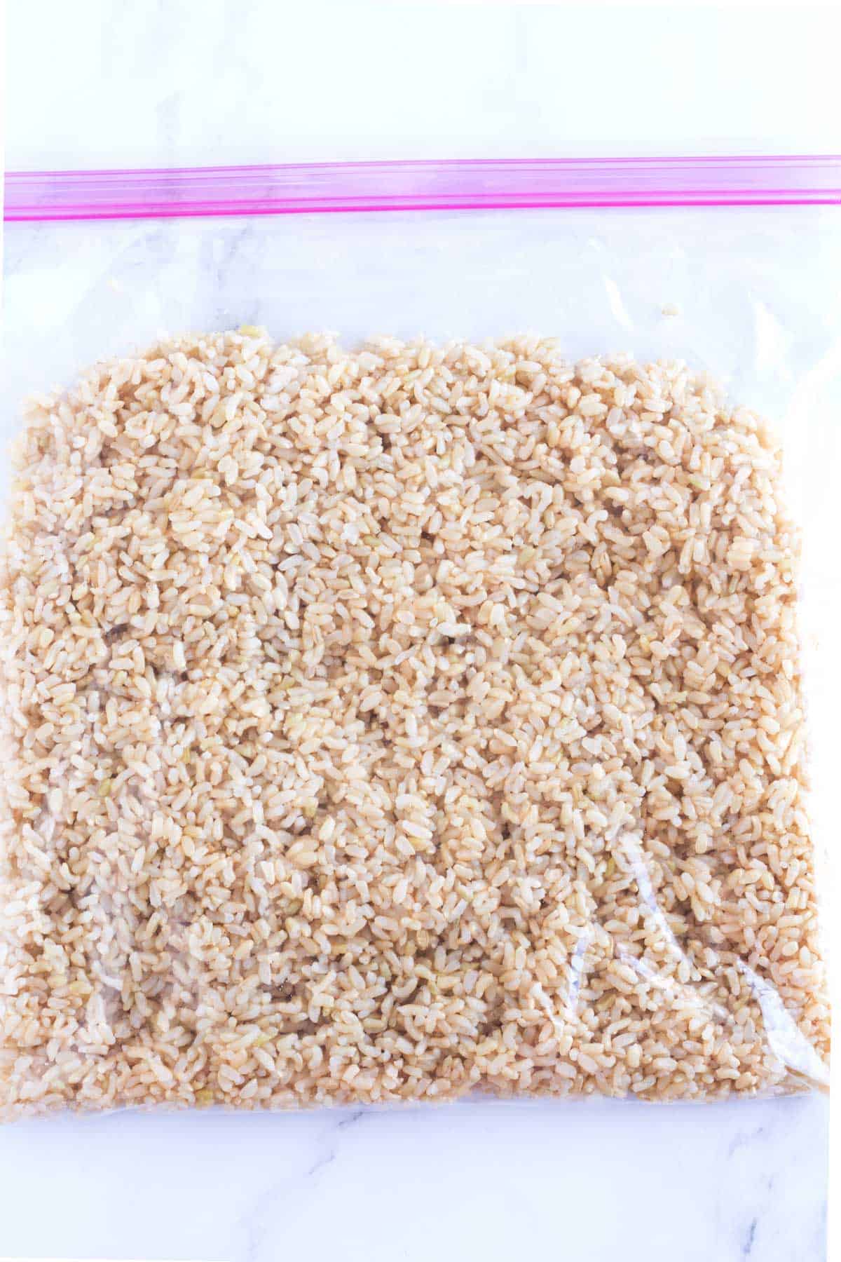 Zip bag full of rice ready to stack in freezer.