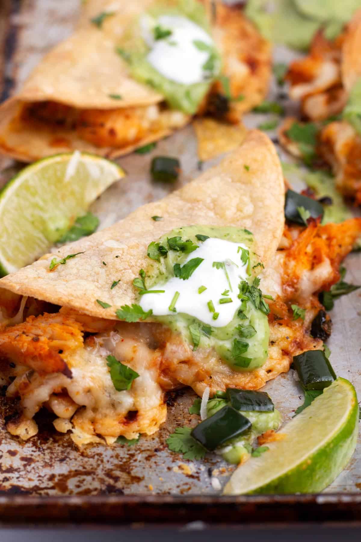 Really close view of a crunchy tortilla shell filled with melted cheese and chicken, topped with salsa, and sprinkled with cilantro.