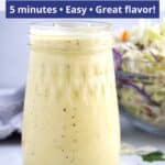 Image of coleslaw dressing in a jar with graphic overlay.