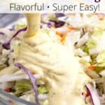 Pouring creamy dressing on coleslaw cabbage mix.