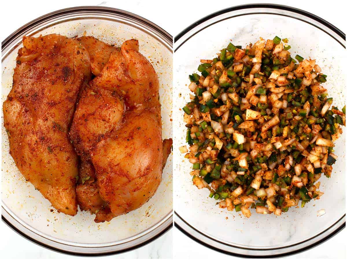 Seasoned chicken in a glass bowl on the left, seasoned diced veggies in a glass bowl on the right.