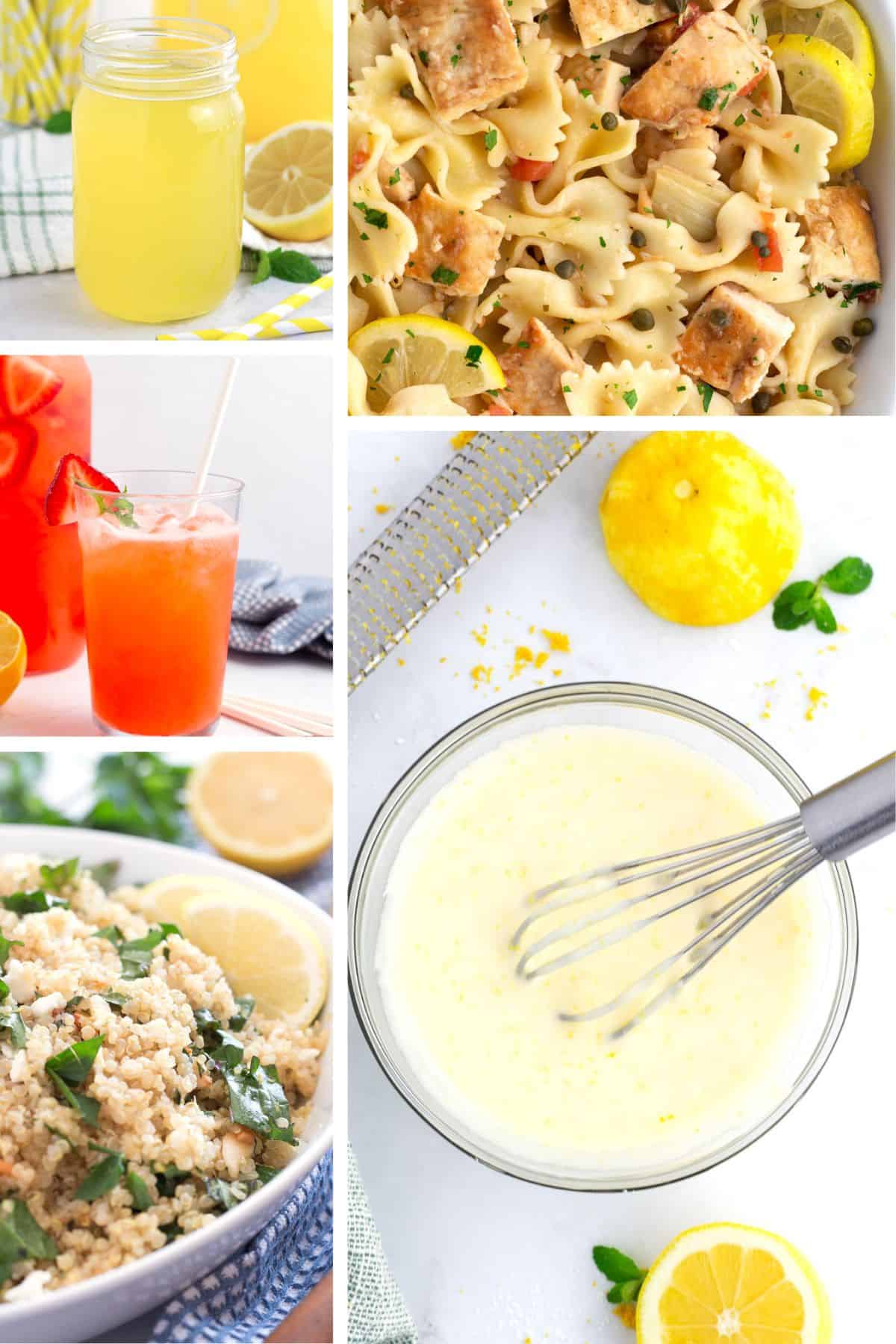 Lemon recipe collage including quinoa with feta, glaze, lemonade, and pasta.