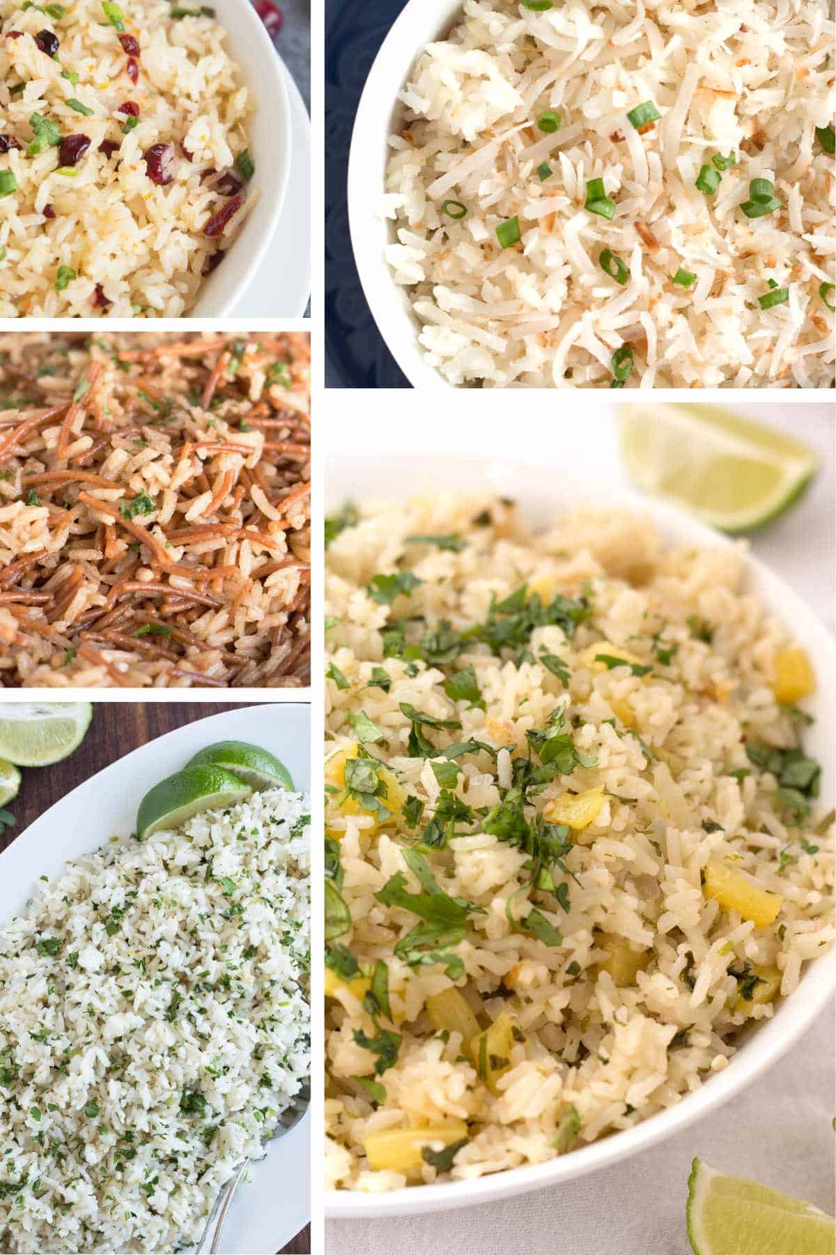 A collage of cranberry rice, orange rice, cilantro lime rice, pineapple rice, and rice pilaf that are good for freezing.