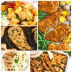 Five photos arranged together showing various easy supper recipes, including white pasta, seasoned chicken breast, and roasted veggies.