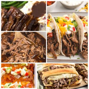 Collection of five recipes showing smothered burritos, pepperoncini sandwiches, tacos, and more.