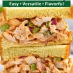 Chicken salad sandwich with hot honey on soft bread with graphic overlay.