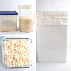 Pantry storage container, bulk storage container, and leftover cooked rice in sealed glass.
