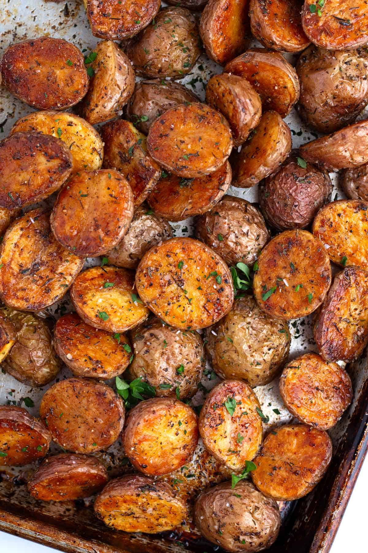 Overhead creamer potatoes that were roasted in the oven until extra crispy with fluffy interiors.