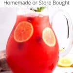 Glass pitcher filled with raspberry lemonade with graphic overlay.