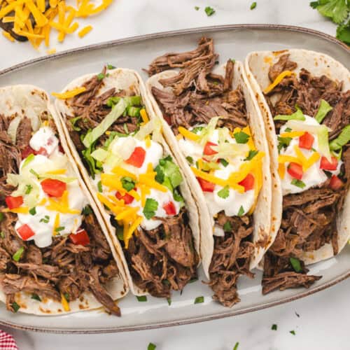 A square image of four tacos squished next to each other on a gray oval platter and sprinkled with lettuce, tomato, cheese, and sour cream.