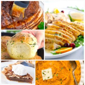 A collage of images showing mashed sweet potatoes, pecan pie, dinner rolls, turkey and gravy, and ham glaze.