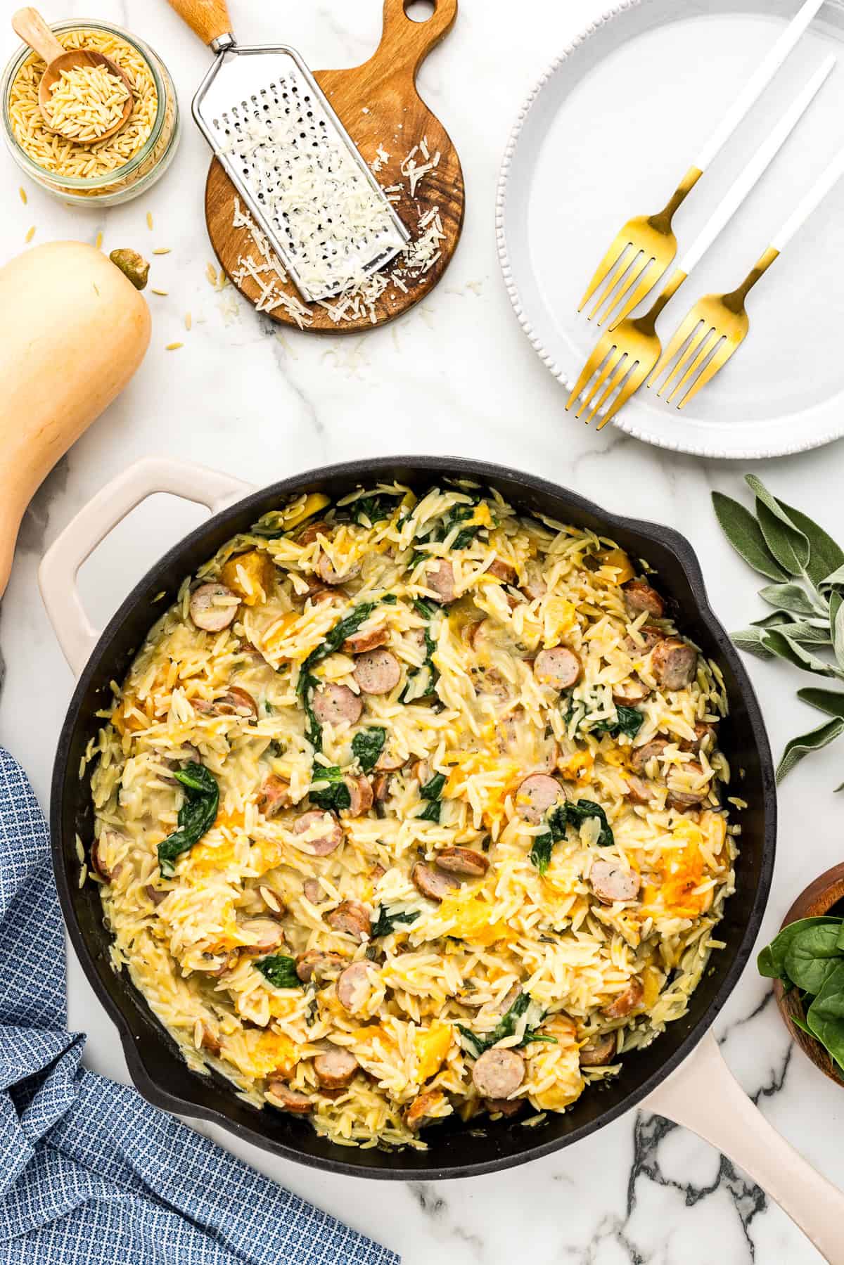 One Pan Chicken Sausage Pasta once it is done cooking and all ingredients have been stirred in.