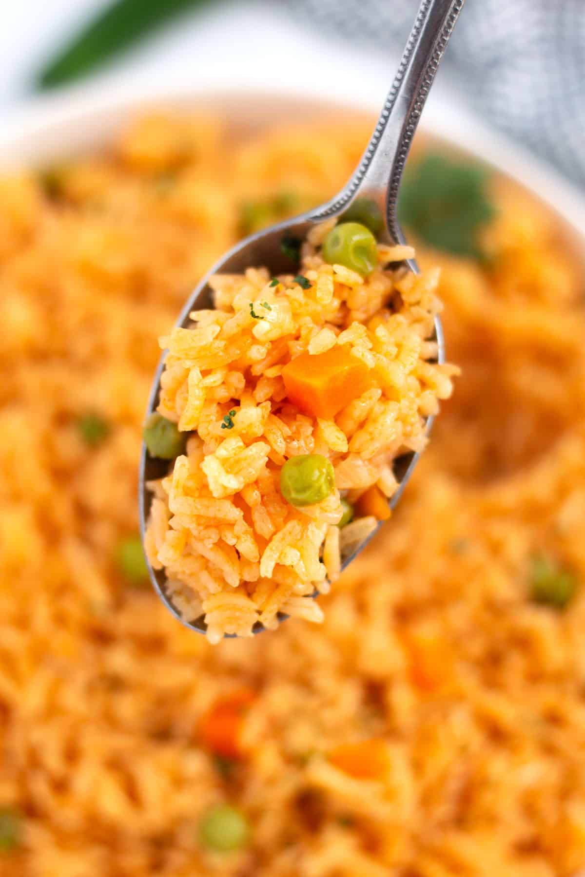 Up close traditional Mexican rice on serving spoon.