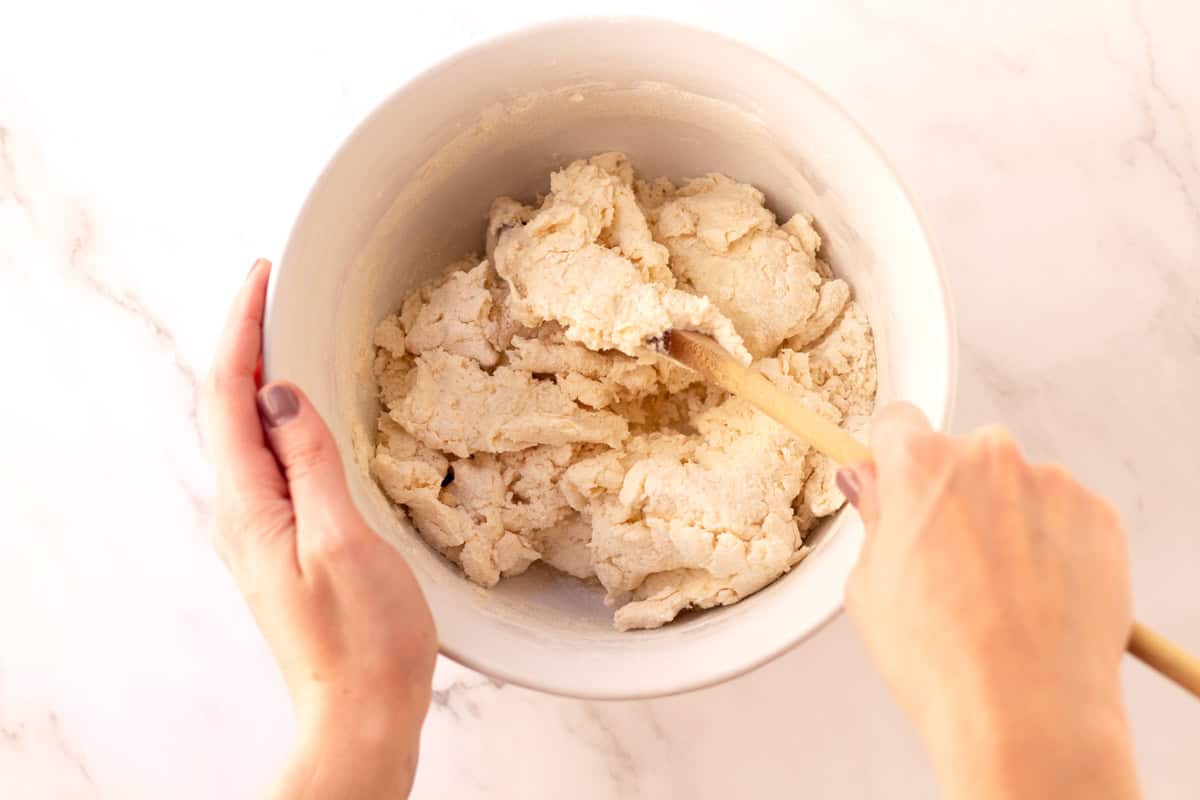 Stir wet and dry ingredients until they are just combined.