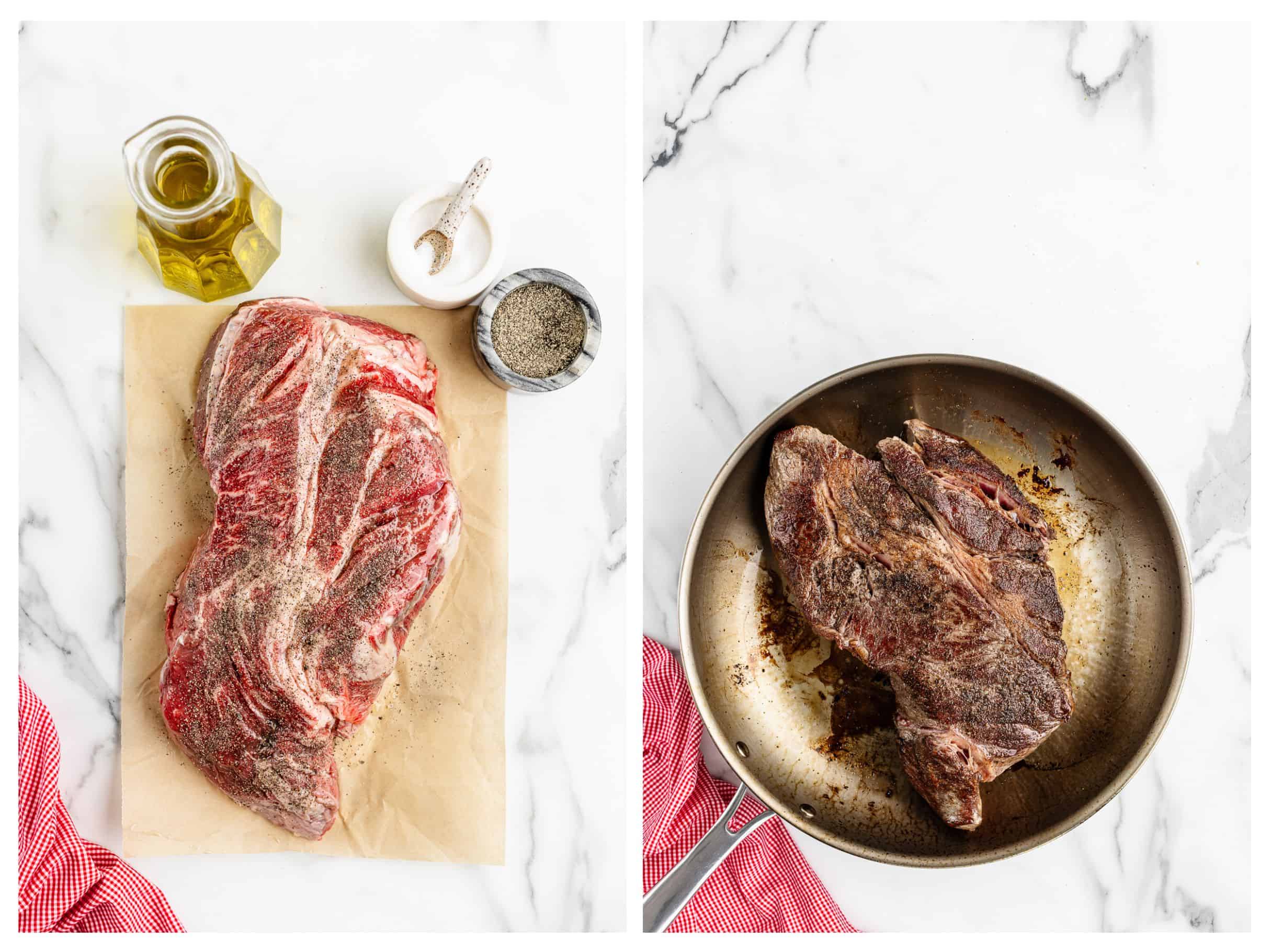 A collage of two images showing raw meat seasoned on a piece of parchment and the same meat seared in a stainless steel skillet.