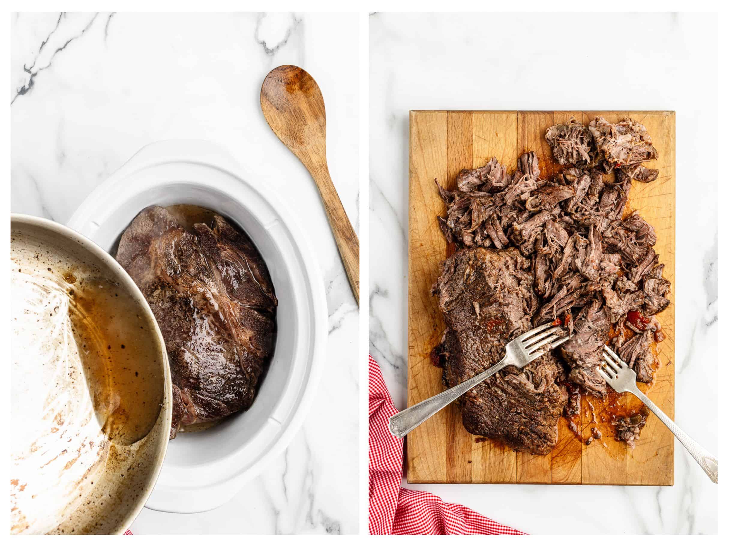 A collage of two images showing liquid being poured into a white slow cooker and meat being shredded on a wooden cutting board with two forks.