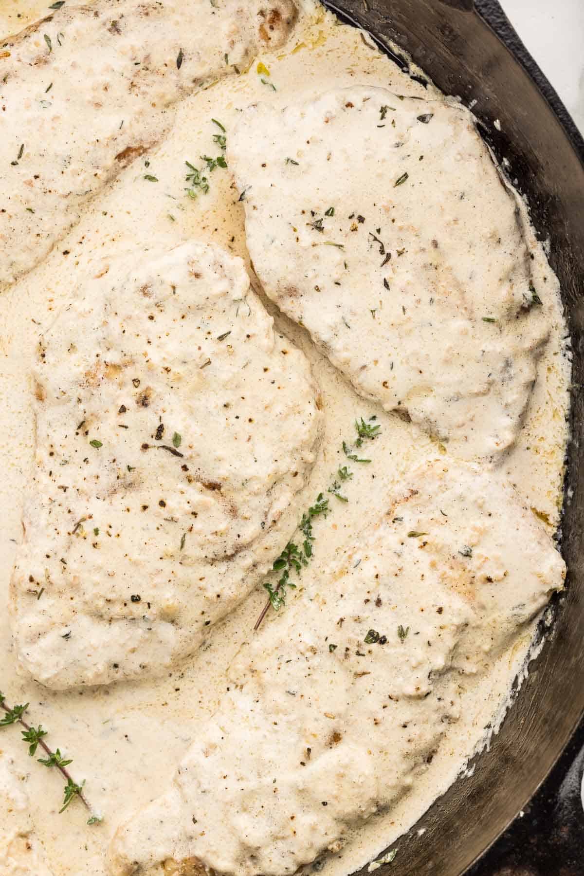 One pan filled with creamy garlic chicken breasts for quick and easy dinner.