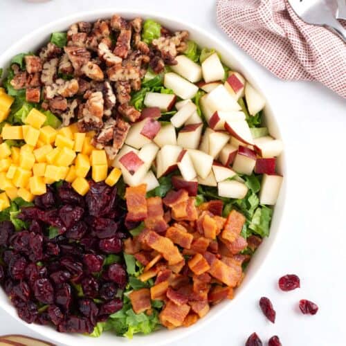 A bed of chopped romaine with dried cranberries, smokey bacon, sharp cheddar, maple pecans, and firm red pears in a serving bowl.