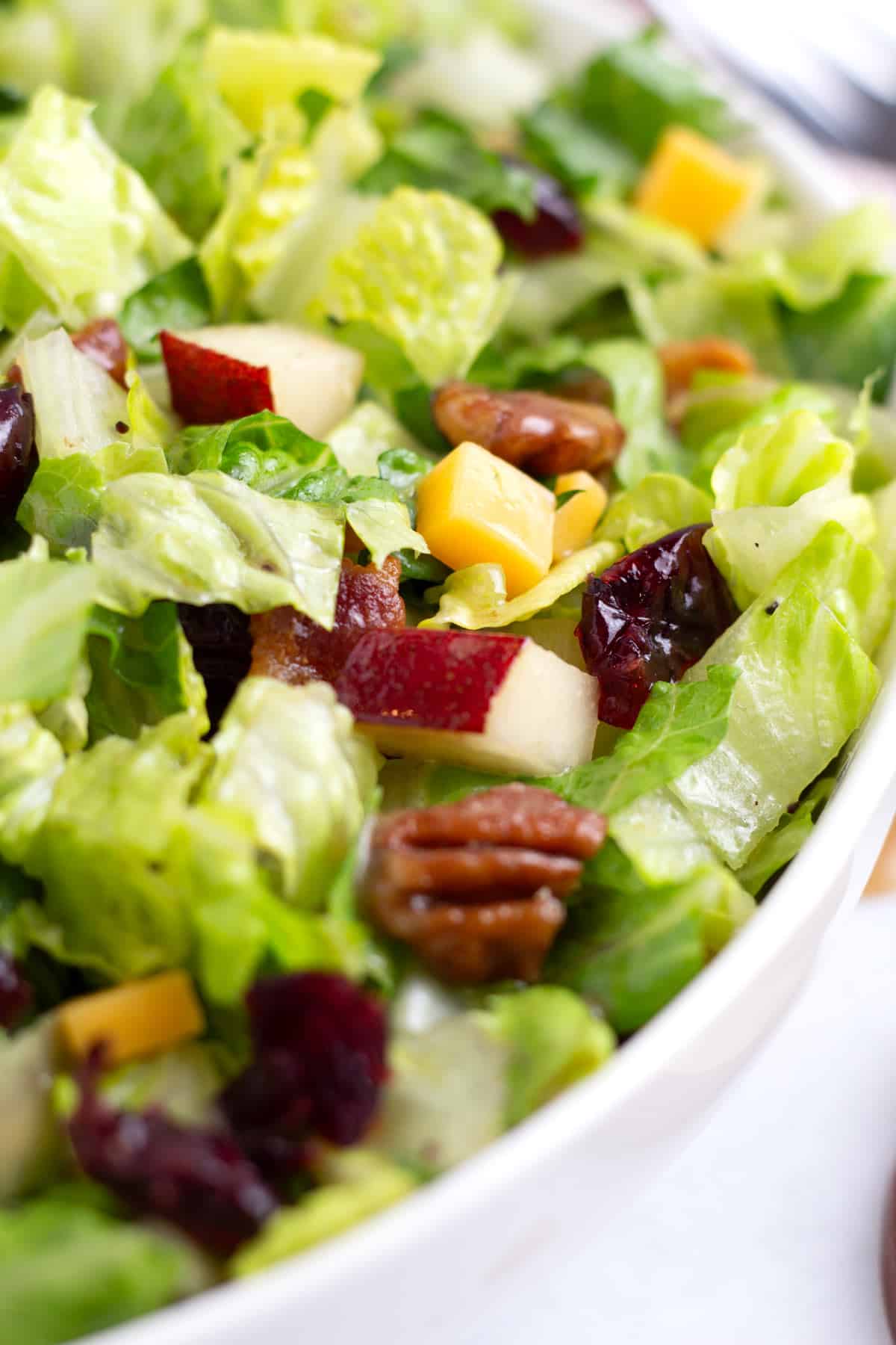 Up close view of tossed salad showing chopped pears, diced cheese, bacon pieces, and candies pecans.