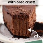 Slice of chocolate cheesecake with a bite out of it on a stack of plates with green text overlaid at the top and bottom right of the image.