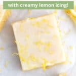 Pieces of lemonies decorated with slices of fresh lemon and zest covered with graphic overlay.