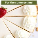 Whole no-bake cheesecake with graphic overlay.