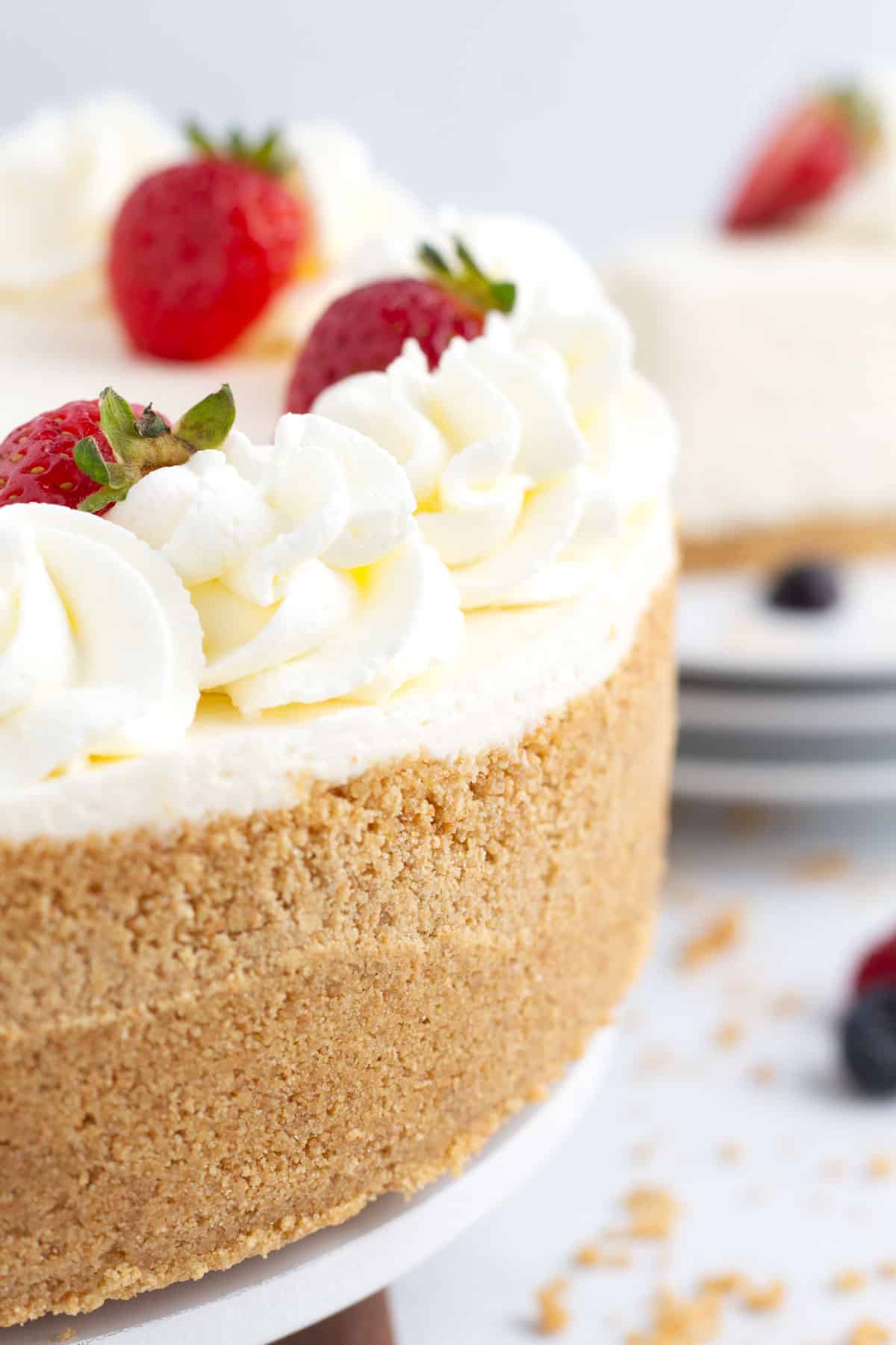 Up close of the flavorful graham cracker crust after removing the springform pan.