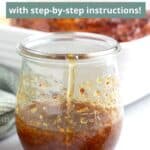 Small jar of 3 ingredient glaze in front of a cooked ham and a coated brush sitting beside it with overlaid text at the top.