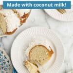 A plate of coconut Bundt cake with a golden fork next to a serving spatula with a graphic overlay of blue text.