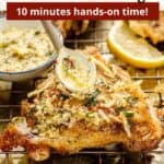 A small round spoon dripping lemon parmesan topping onto a crispy chicken thigh with text overlaid at the top.