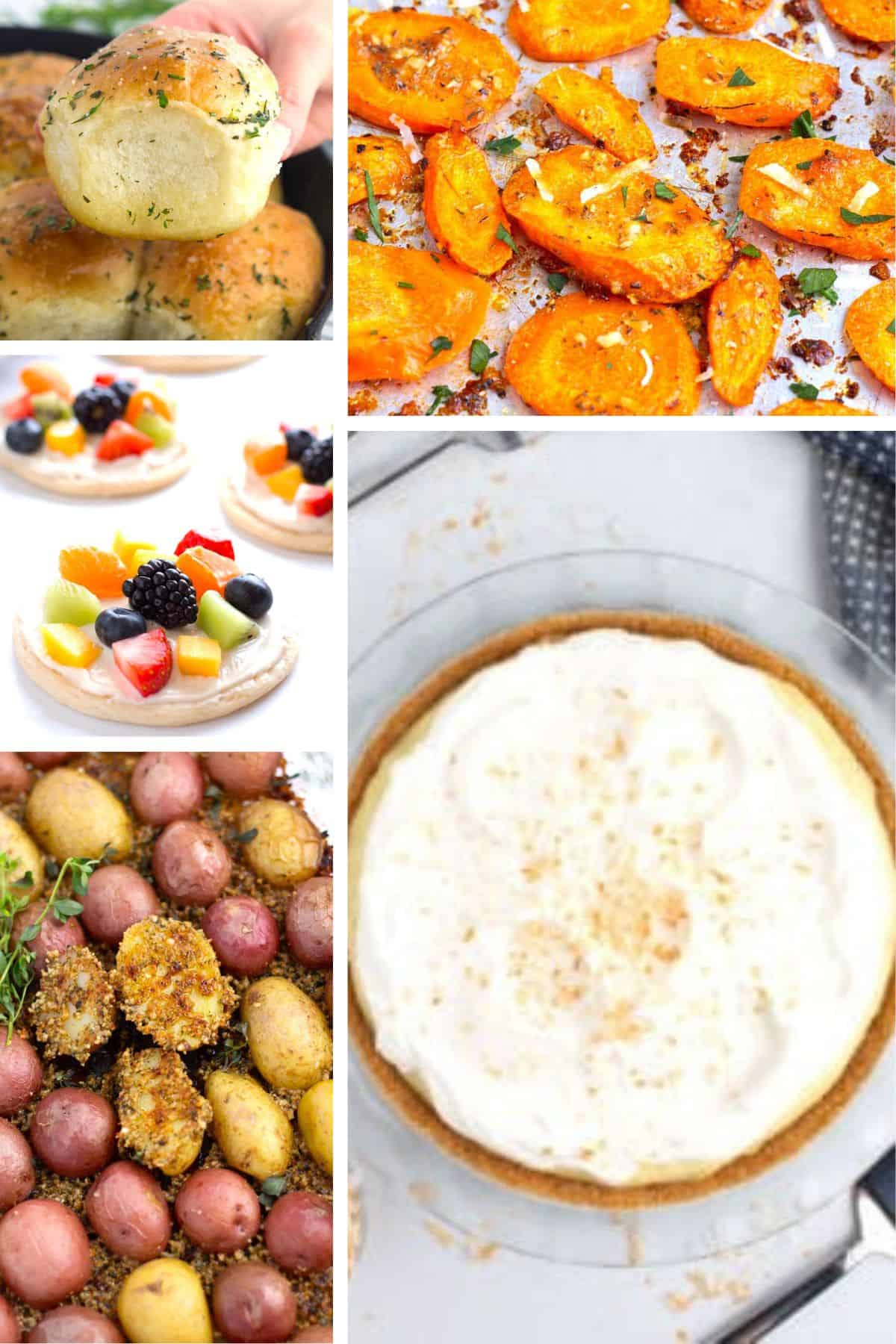 Assorted potatoes, bread rolls, and desserts in a collage.